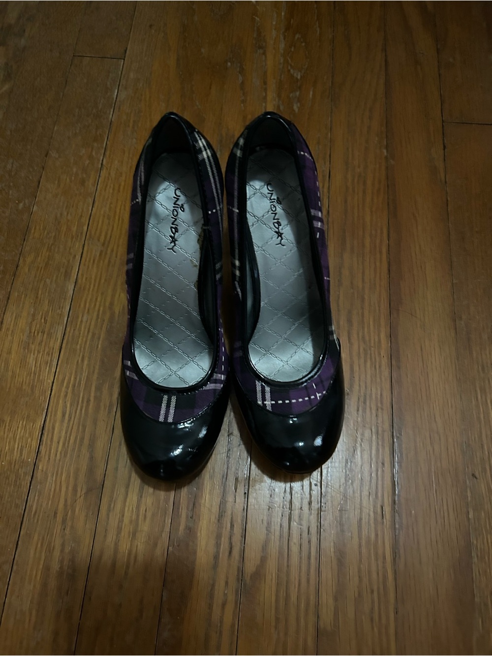 UNIONBAY Black Patent and Purple Plaid Women's Heels